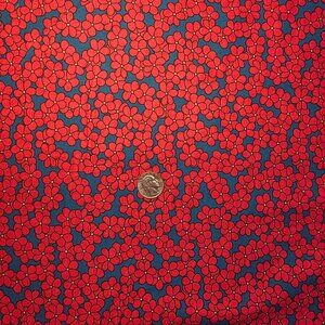4 yards (1/2 bolt) Fuschia Posies on Blue Flannel Cotton Fabric Red